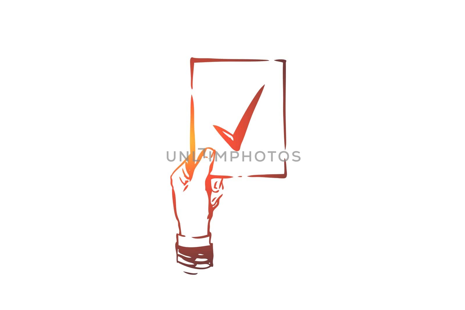 Approved, accepted vector concept. Hand holding approval mark. Hand drawn sketch isolated illustration