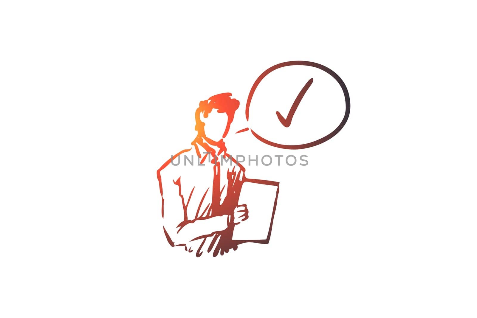 Approved, accepted vector concept. Businessman with documents thinking about approval. Hand drawn sketch isolated illustration