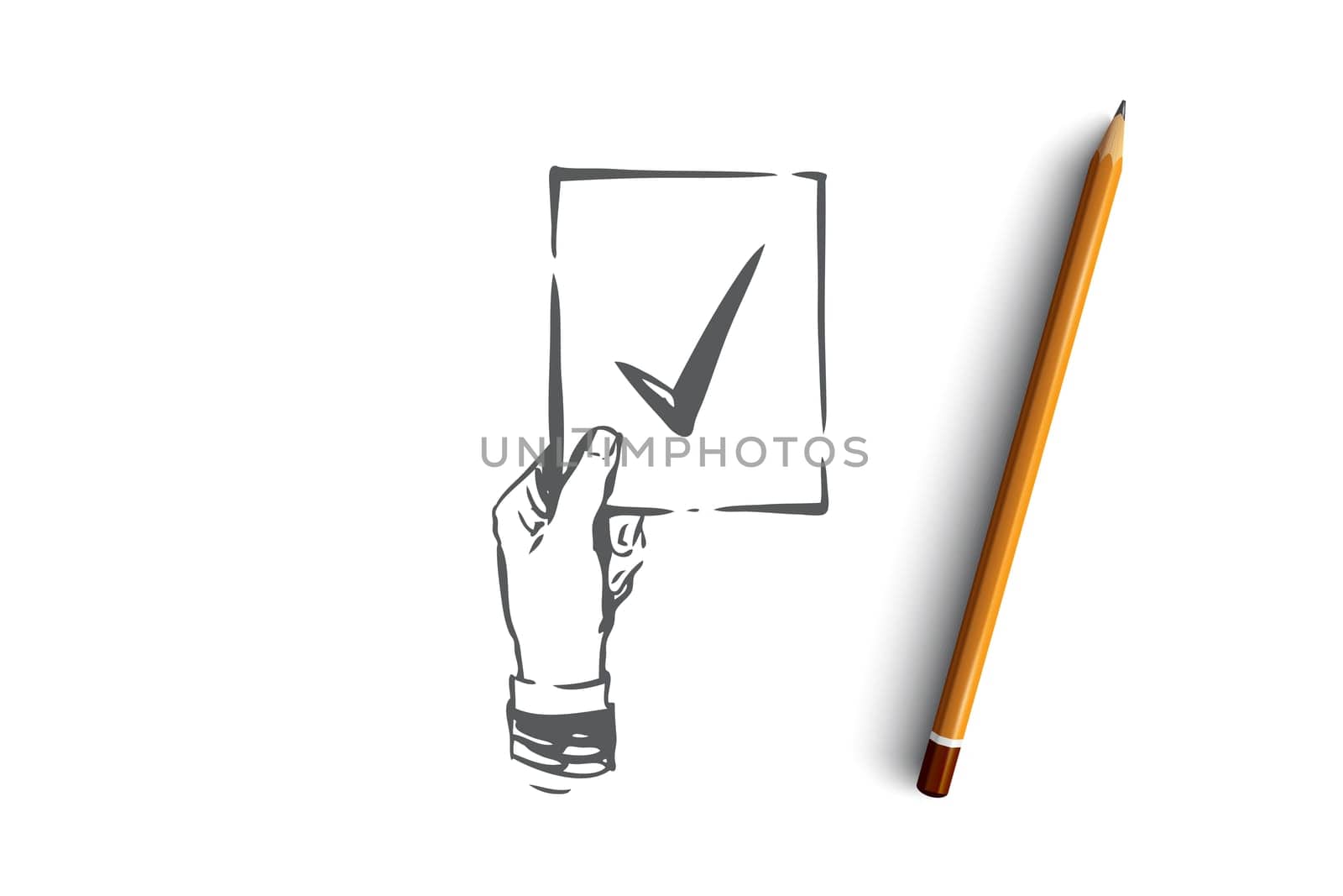 Approved, accepted vector concept. Hand holding approval mark. Hand drawn sketch isolated illustration