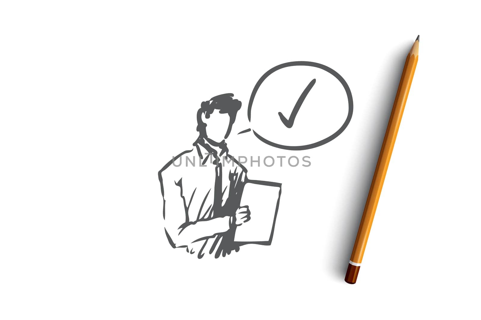 Approved, accepted vector concept. Businessman with documents thinking about approval. Hand drawn sketch isolated illustration