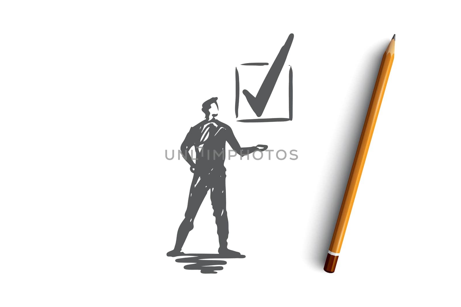 Approved, accepted vector concept. Businessman standing and looking at big approval mark. Hand drawn sketch isolated illustration
