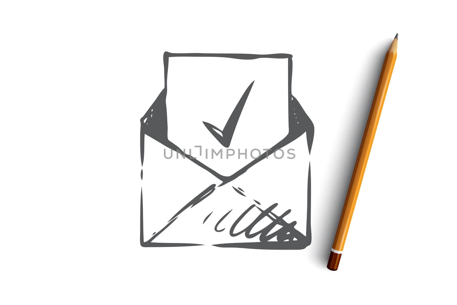 Approved, accepted vector concept. Envelope with approval mark inside . Hand drawn sketch isolated illustration