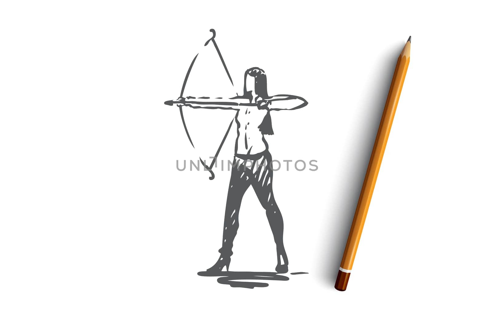 Target, aim, goal vector concept. Woman shooting from archery. Hand drawn sketch isolated illustration