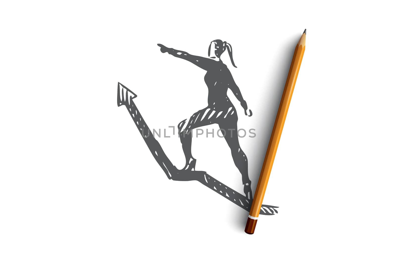 Leader, boss, director vector concept. Woman climbing up arrow. Hand drawn sketch isolated illustration