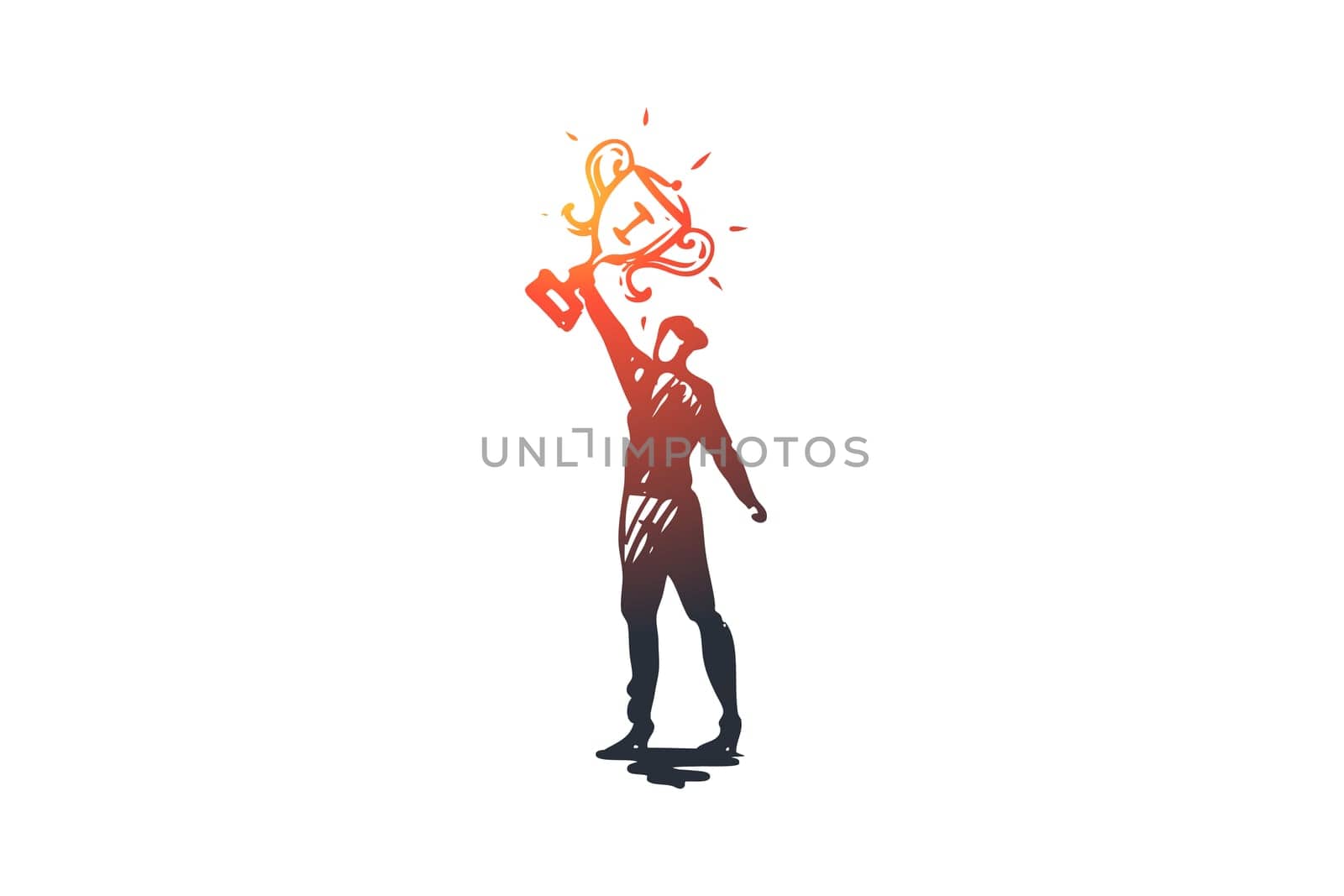Champion, leader, winner vector concept. Woman with first prize trophey in hands. Hand drawn sketch isolated illustration