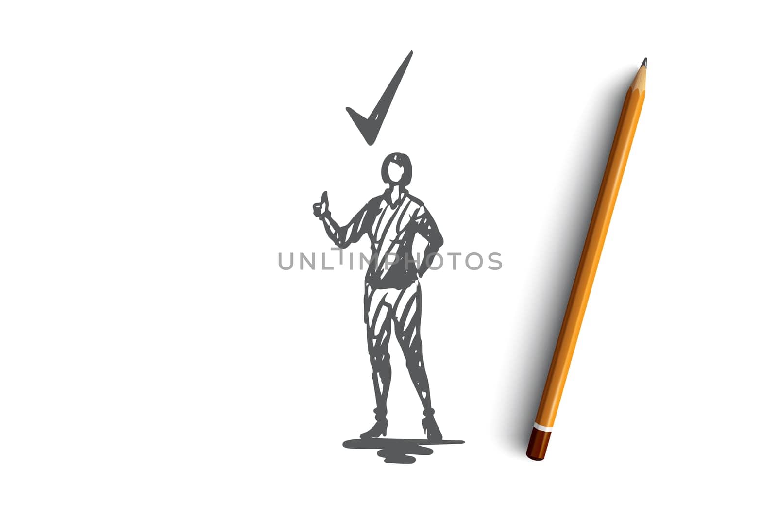 Approval, seal, certified, tick, woman concept. Hand drawn woman and symbol of approval concept sketch. Isolated vector illustration.