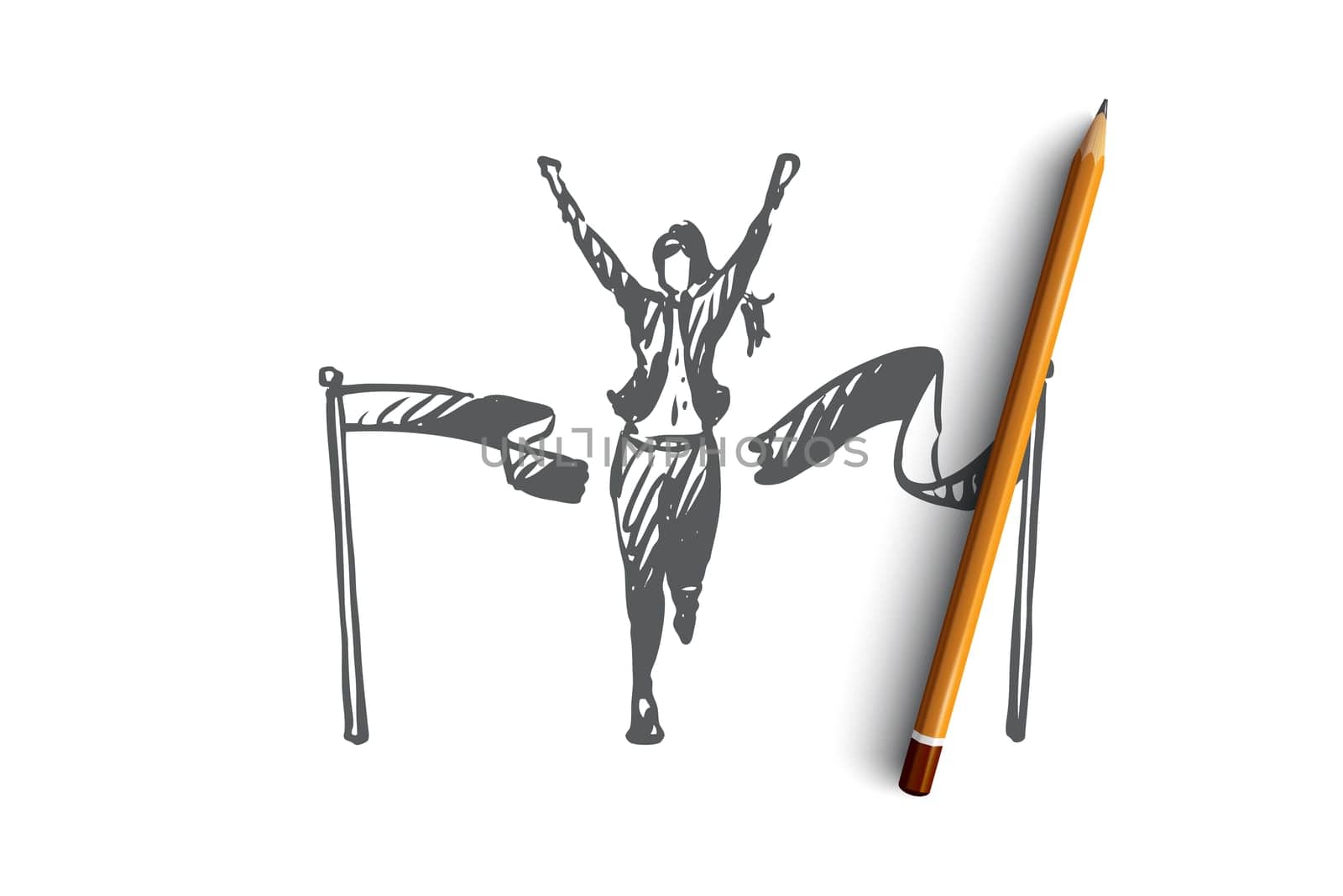 Leader, winner vector concept. Woman crossing finish line and breaking ribbon. Hand drawn sketch isolated illustration