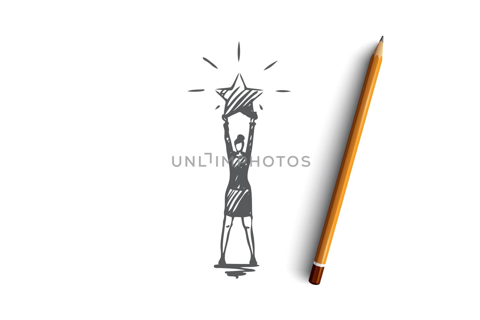 The best, rating, professional vector concept. Woman standing with big shining star in hands. Hand drawn sketch isolated illustration