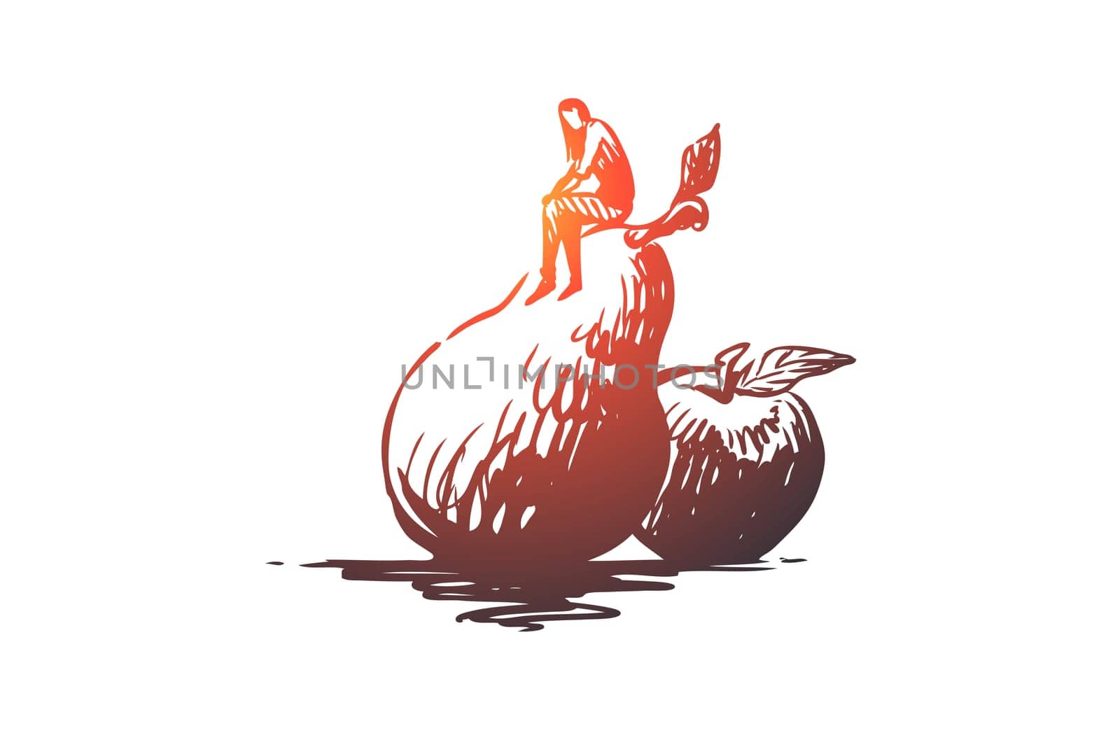 Apple, food, fruit, fresh, organic concept. Hand drawn man and big apple concept sketch. Isolated vector illustration.