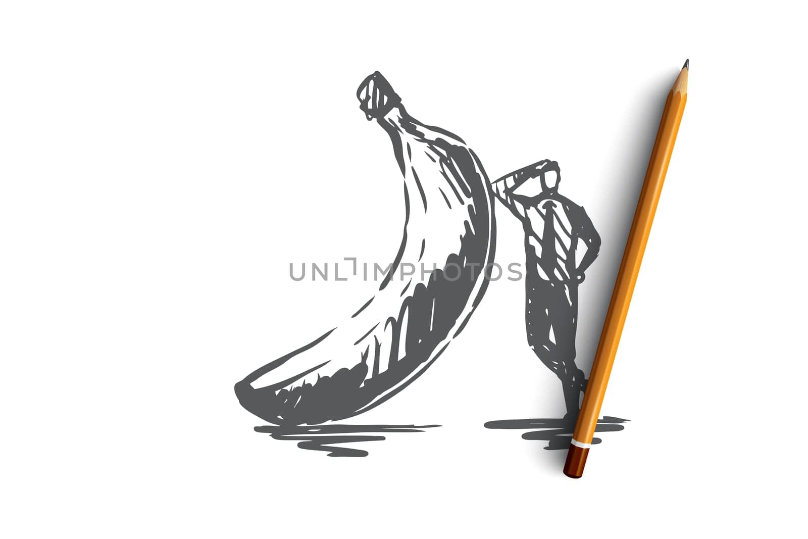 Banana, food, fruit, fresh, organic concept. Hand drawn man in suit stands near banana concept sketch. Isolated vector illustration.