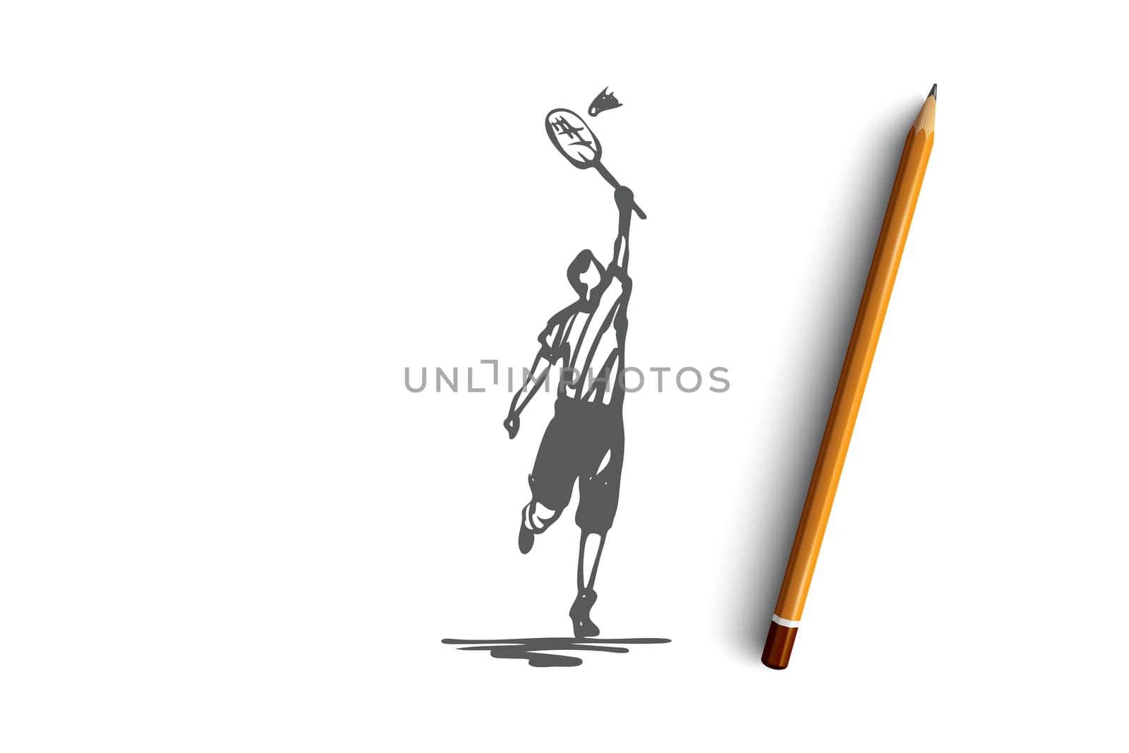 Badminton, player, rocket, sport, game concept. Hand drawn male badminton player with rocket concept sketch. Isolated vector illustration.