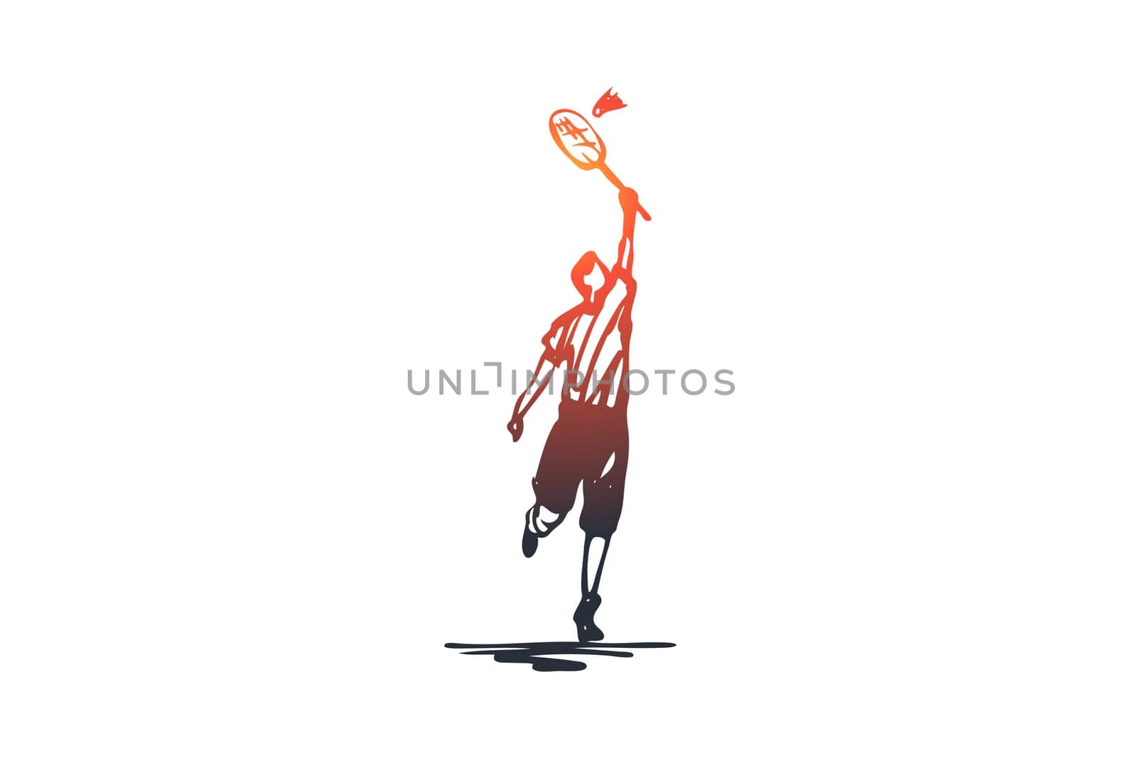 Badminton, player, rocket, sport, game concept. Hand drawn male badminton player with rocket concept sketch. Isolated vector illustration.