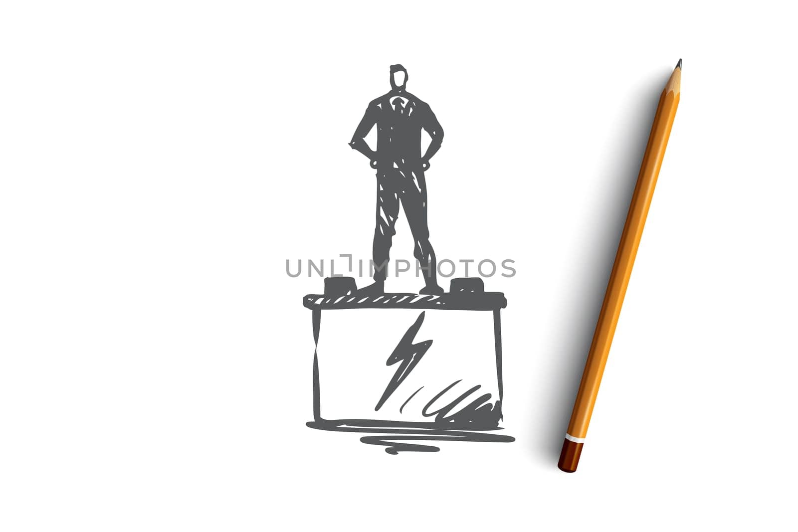 Auto, electronics, car, service, transport concept. Hand drawn man standing on car battery concept sketch. Isolated vector illustration.
