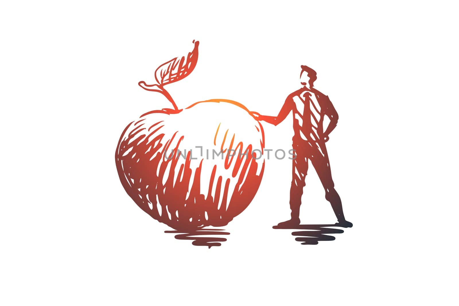 Apple, food, fruit, fresh, organic concept. Hand drawn man and big apple concept sketch. Isolated vector illustration.
