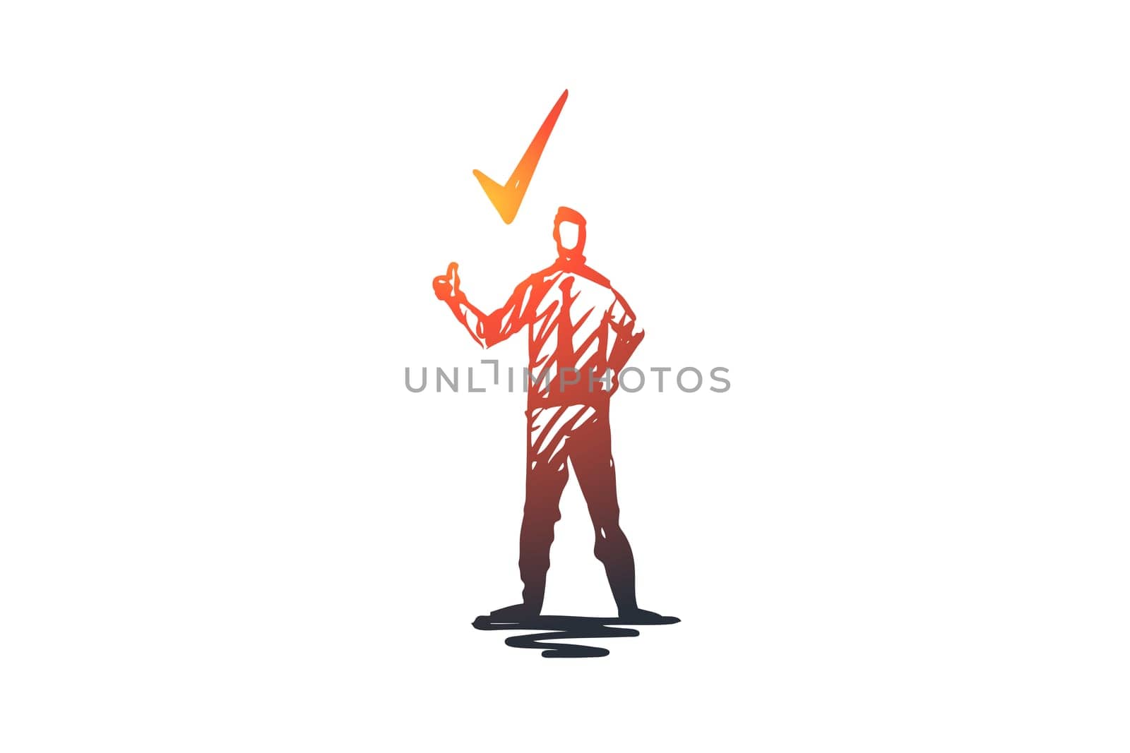 Approval, check, certified, tick, stamp concept. Hand drawn person and symbol of approval concept sketch. Isolated vector illustration.