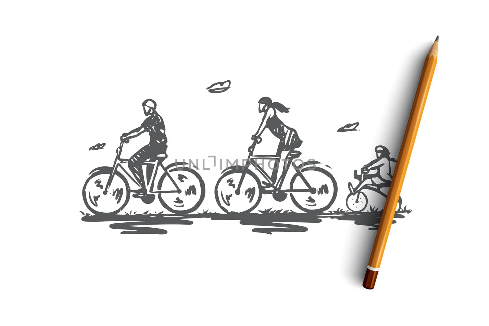 Bicycle, walk, sport, family, active concept. Hand drawn family activity with bikes concept sketch. Isolated vector illustration.