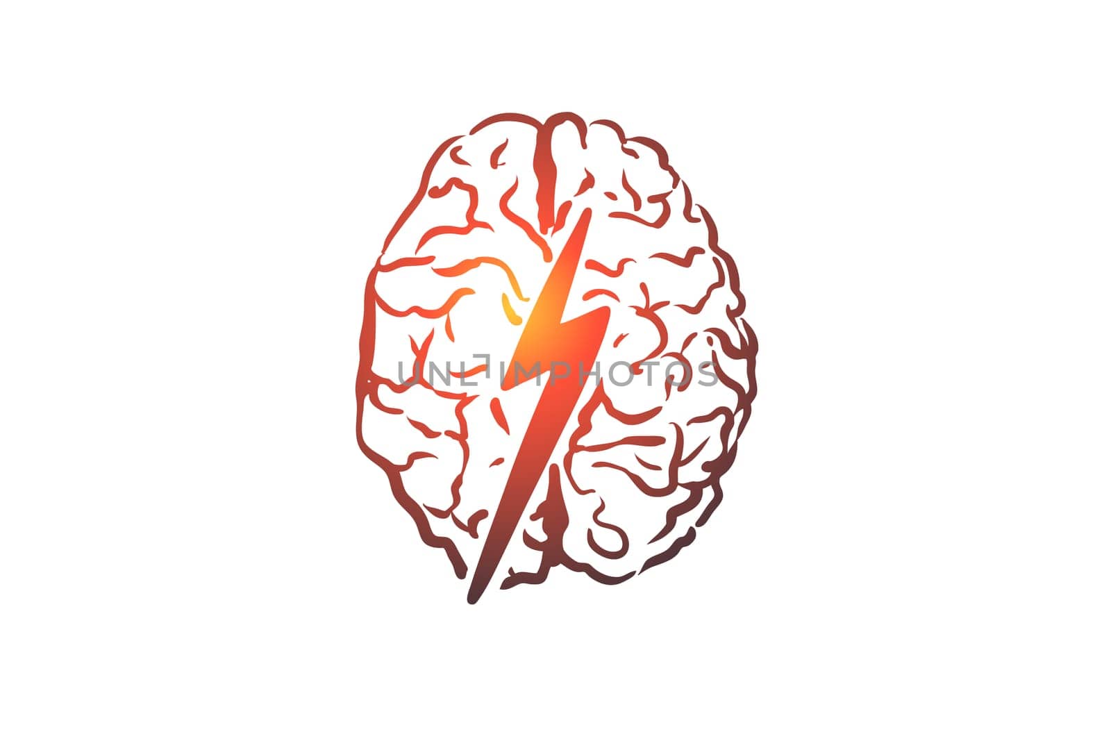 Brainstorm, creative, brain, mind, power concept. Hand drawn human brain and thunder concept sketch. Isolated vector illustration.