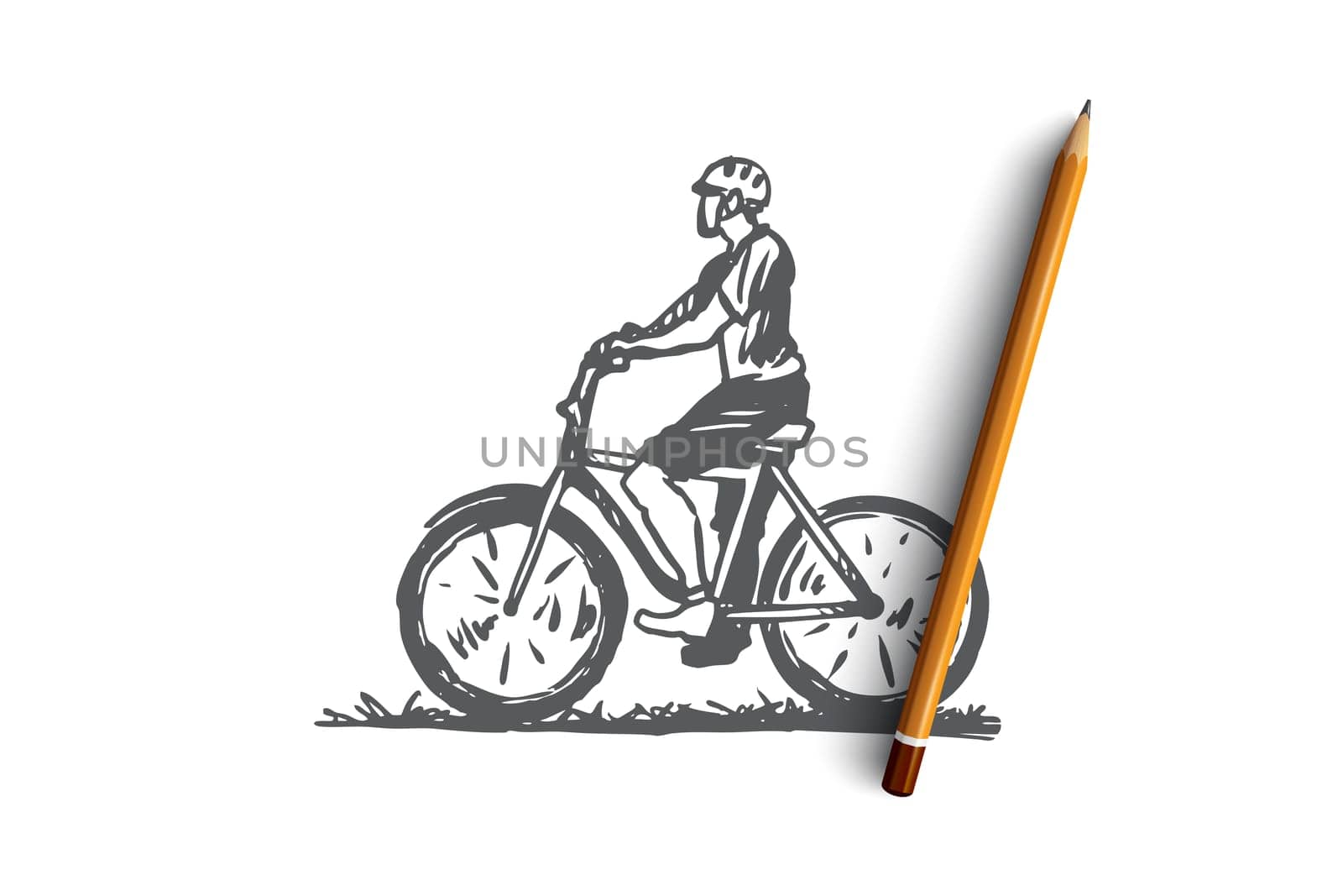 Bike, cyclist, sport, race, man concept. Hand drawn man on bike concept sketch. Isolated vector illustration.