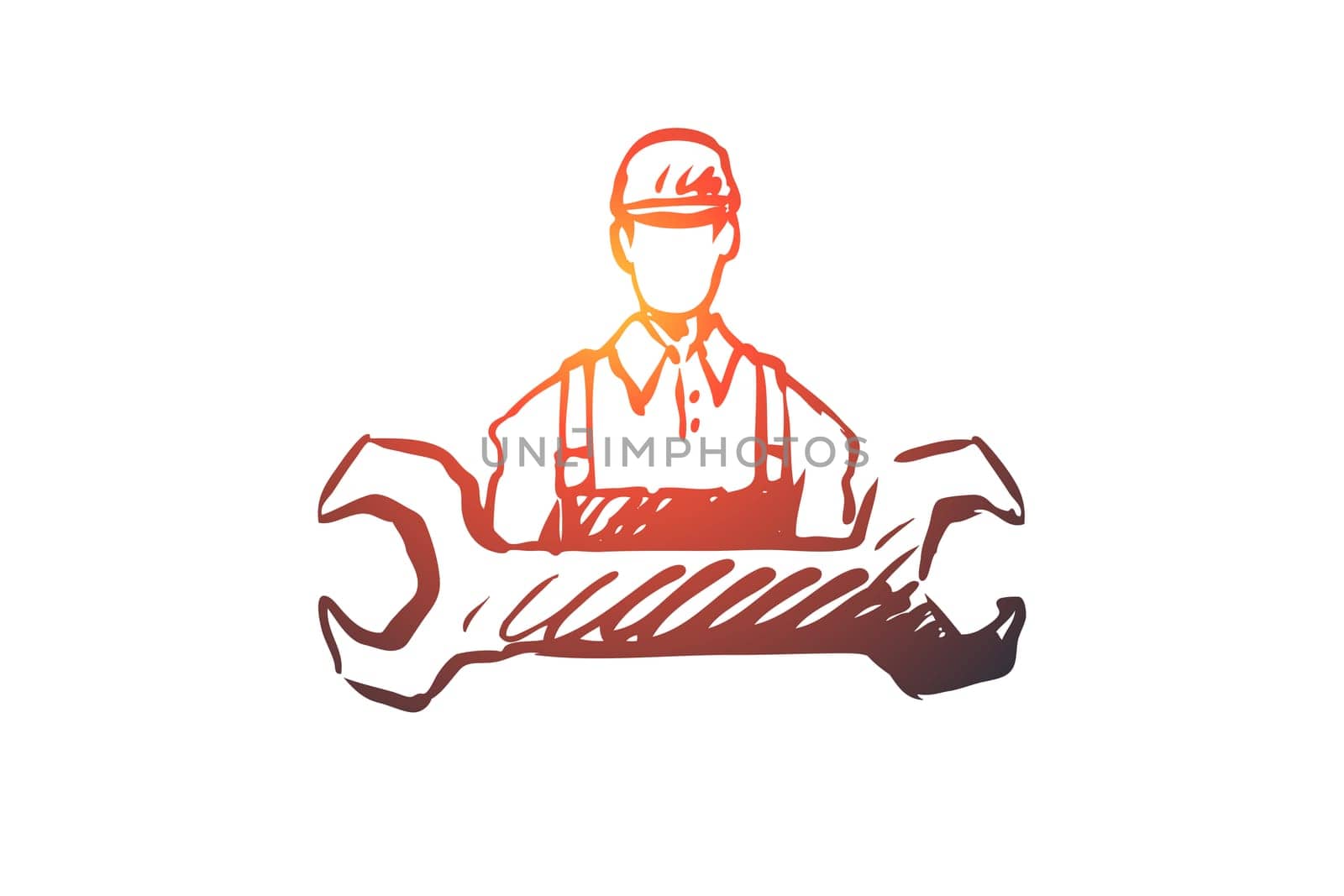 Builder, man, helmet, repair, work concept. Hand drawn handyman with wrench concept sketch. Isolated vector illustration.