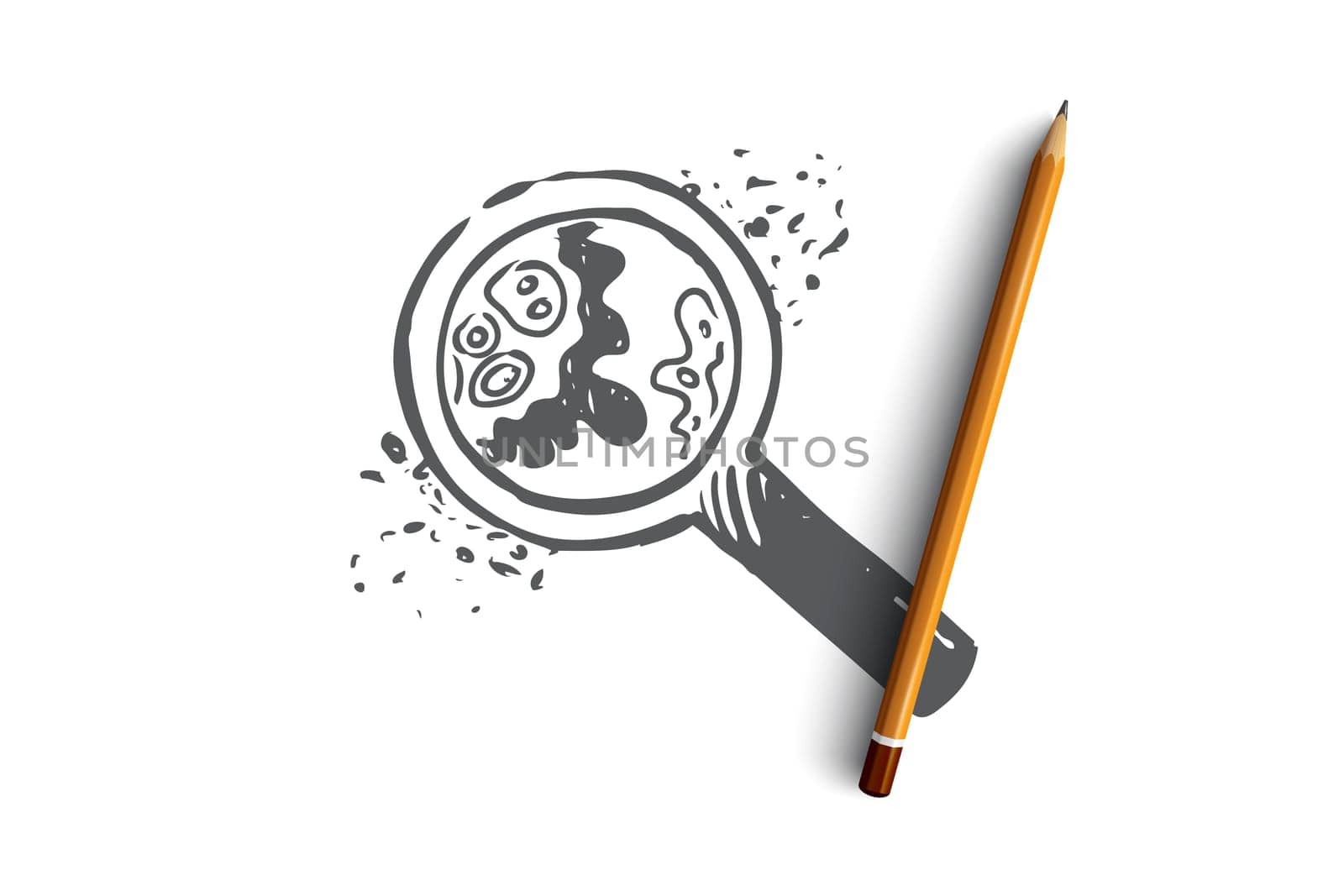 Biology, science, cell, bacteria, magnifying glass concept. Hand drawn bacteria and cells under magnifying glass concept sketch. Isolated vector illustration.