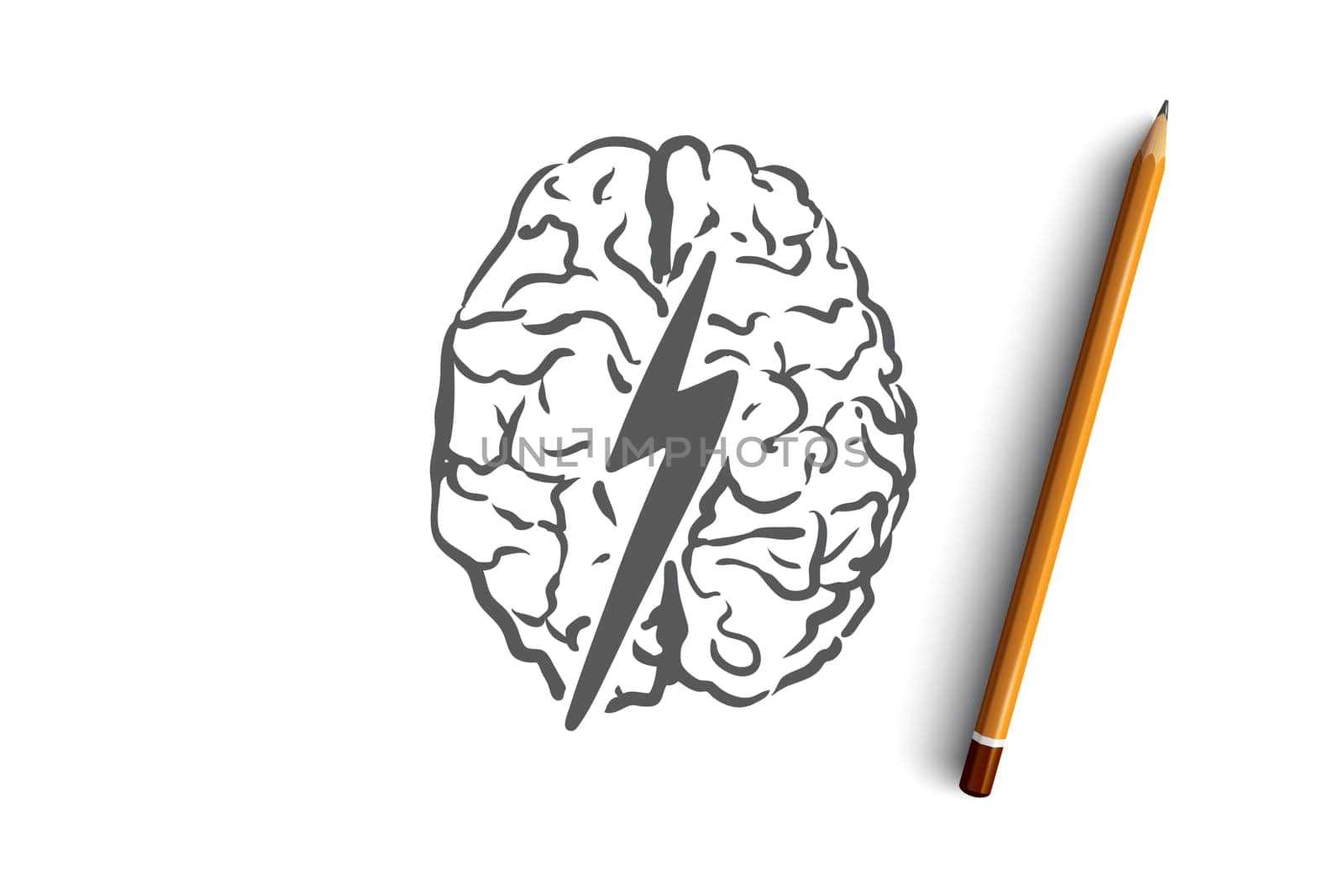 Brainstorm, creative, brain, mind, power concept. Hand drawn human brain and thunder concept sketch. Isolated vector illustration.
