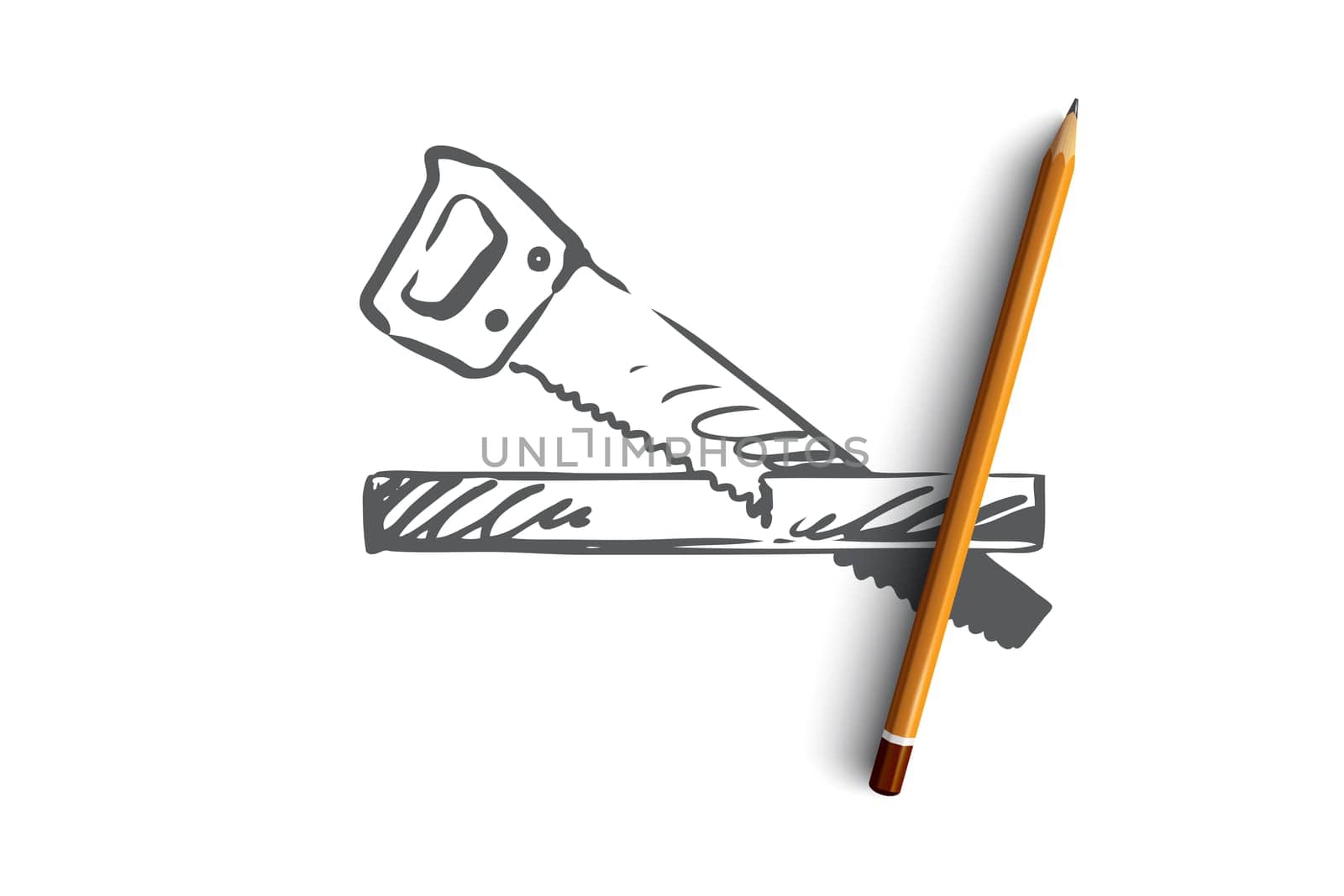 Carpenter, handyman, wood, worker, tool concept. Hand drawn saw and wood concept sketch. Isolated vector illustration.