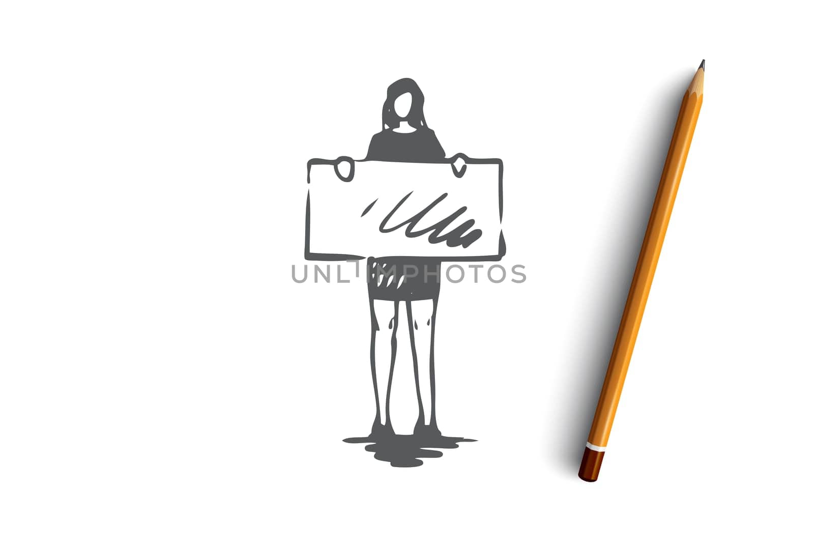 Businesswoman, suit, profession, lady concept. Hand drawn businesswoman on presentation concept sketch. Isolated vector illustration.