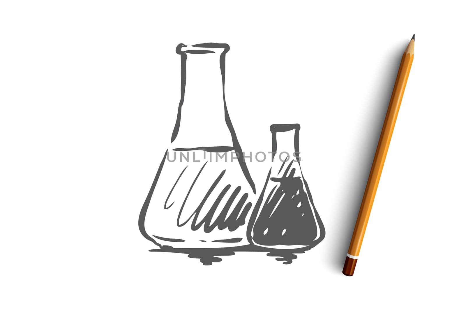 Chemistry, flask, science, laboratory, glass concept. Hand drawn laboratory flasks with liquid concept sketch. Isolated vector illustration.