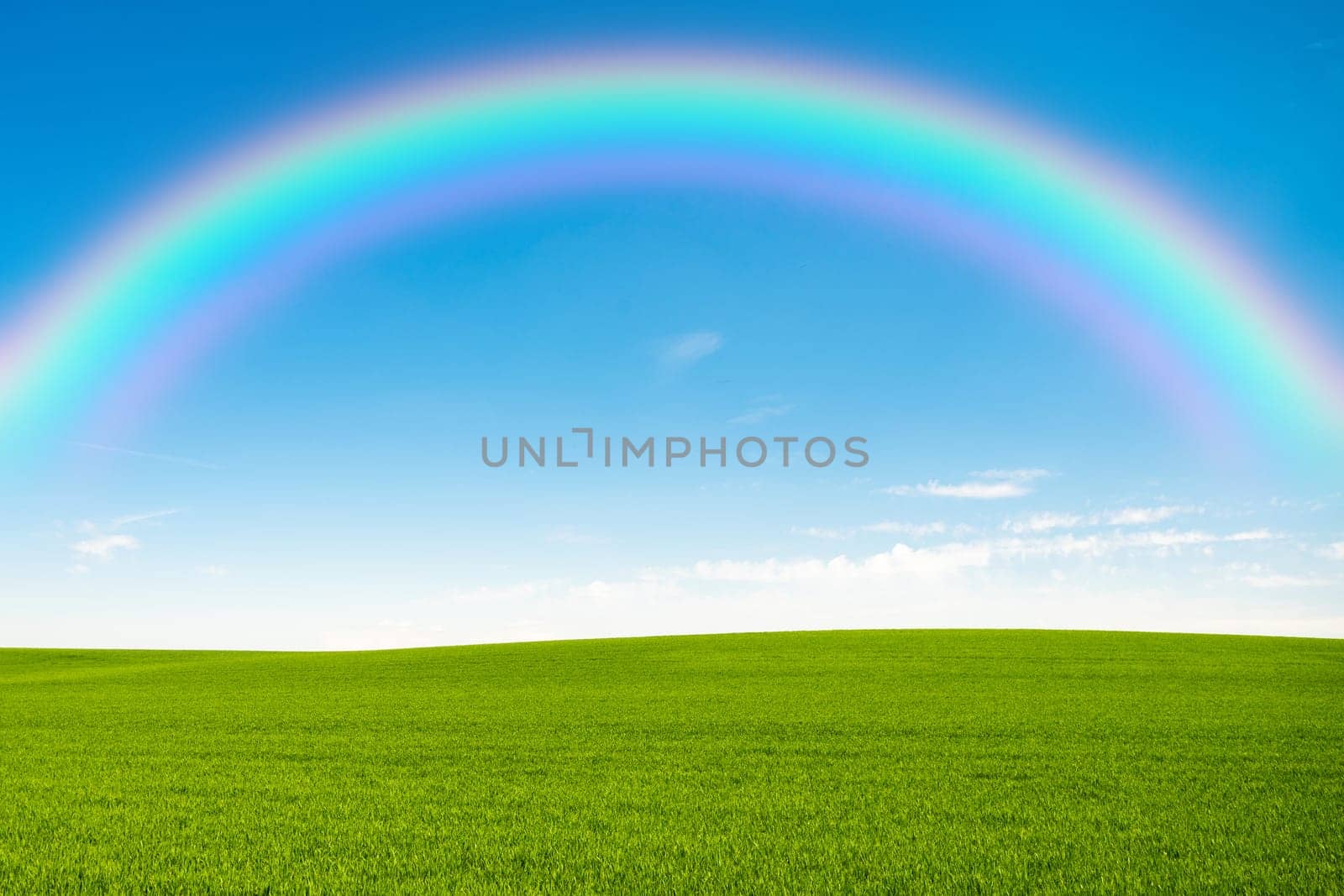 A green landscape with a rainbow in the sky