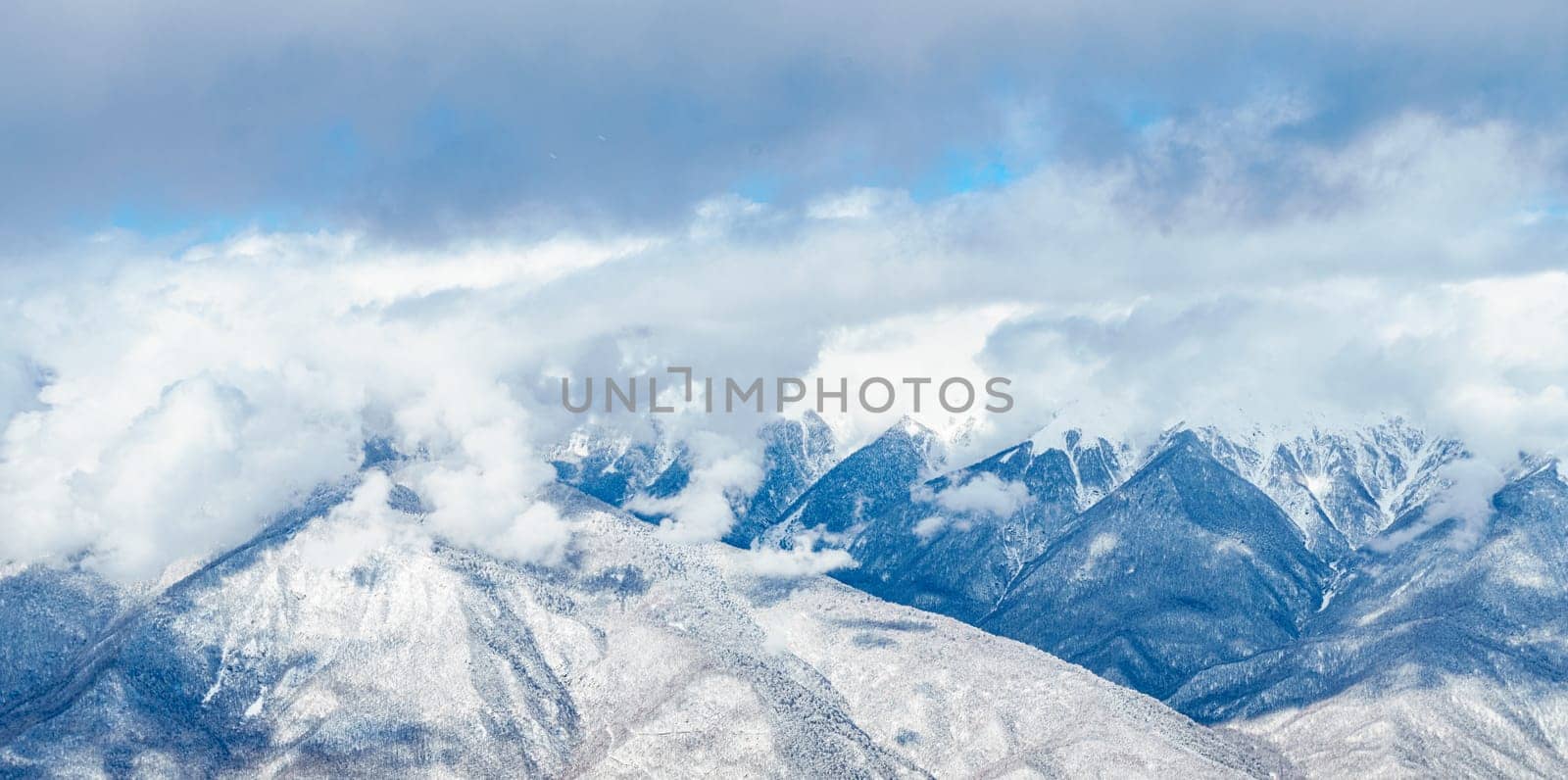 Panorama of snowy mountains. Caucasus mountains