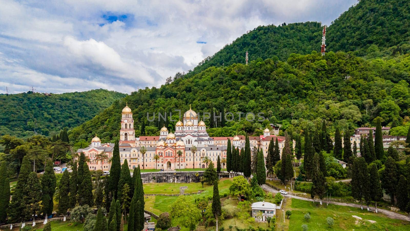 Top view of Orthodox monastery in Novy Afon, Abkhazia.  Christian temple in New Athos. Photo from above.