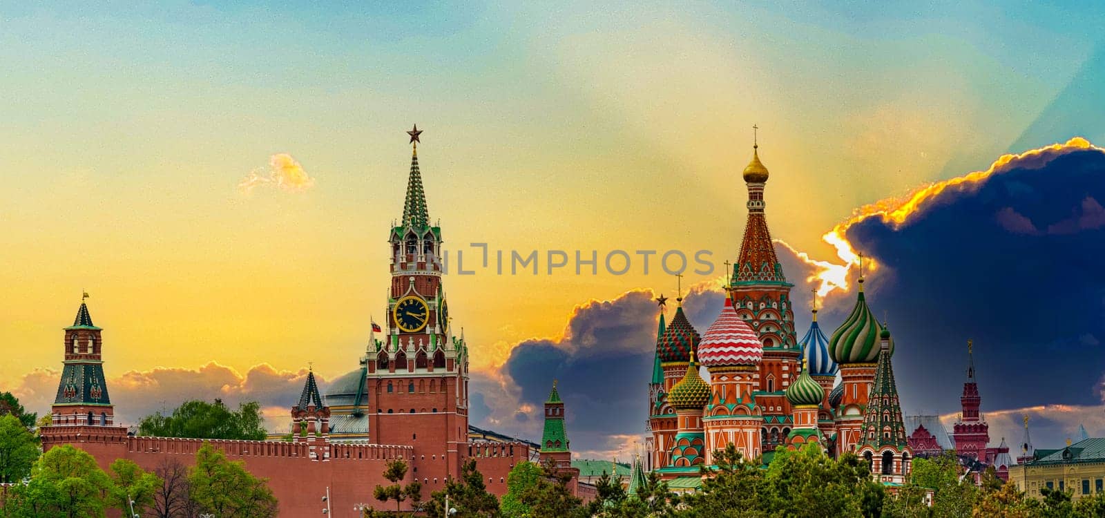 Panorama of the Moscow. Beautiful cityscape of the famous Moscow center at sunset