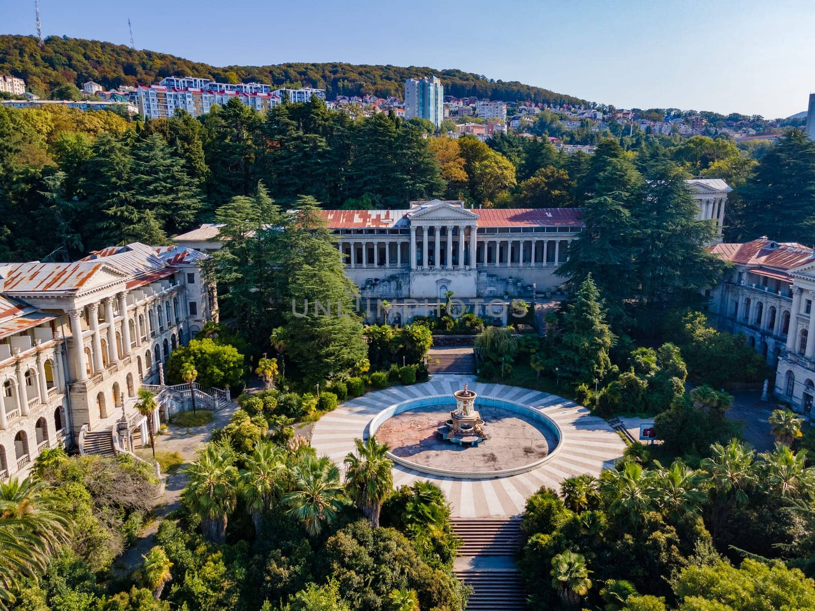 Russia, Krasnodar Krai, Sochi, Aerial view of courtyard of abandoned Sanatorium Ordzhonikidze