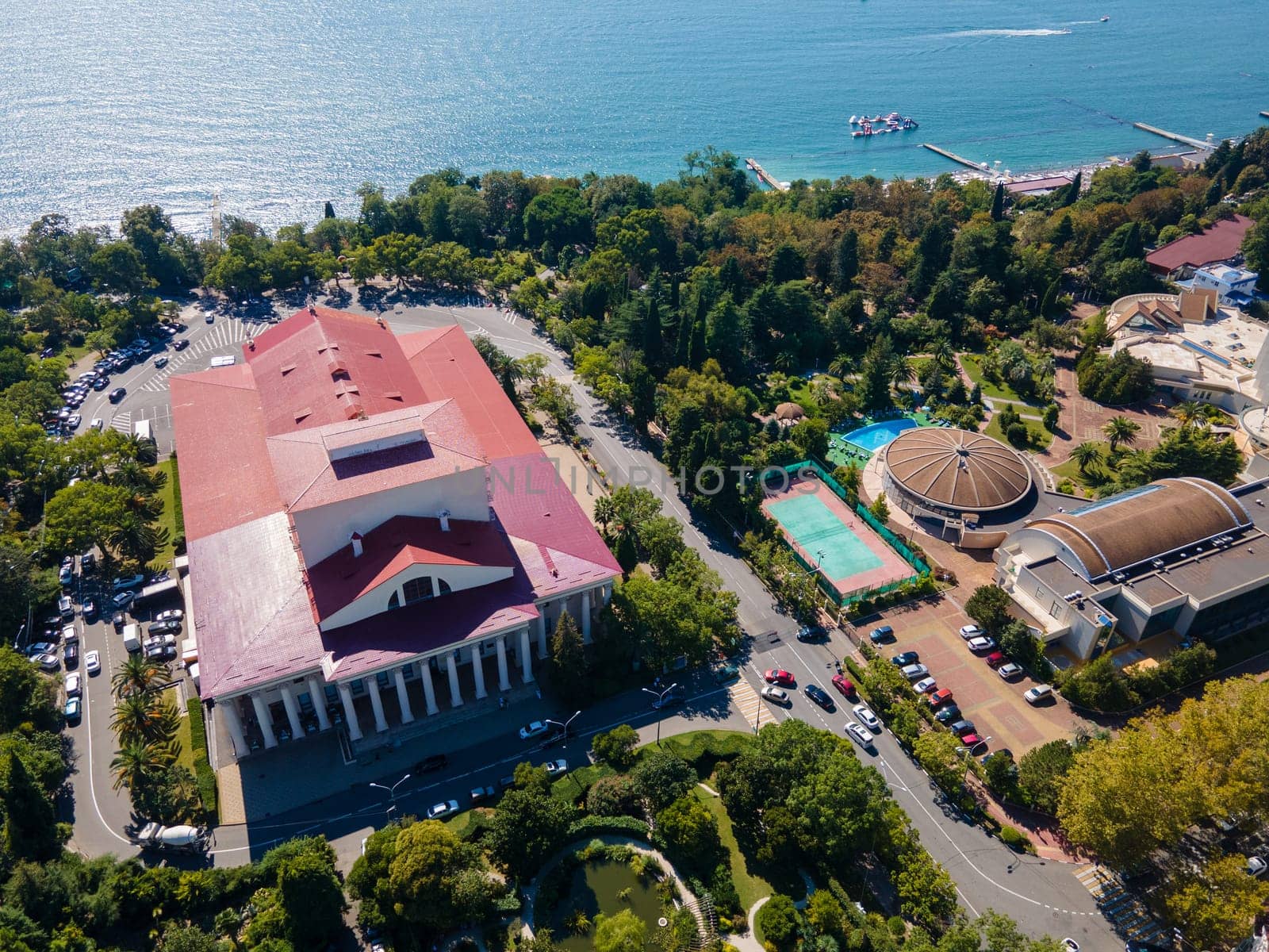 The modern Russian resort of Sochi on the Black Sea. Sochi aerial panoramic view