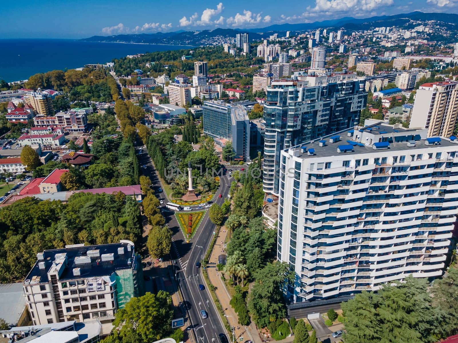 The modern Russian resort of Sochi on the Black Sea. Sochi aerial panoramic view