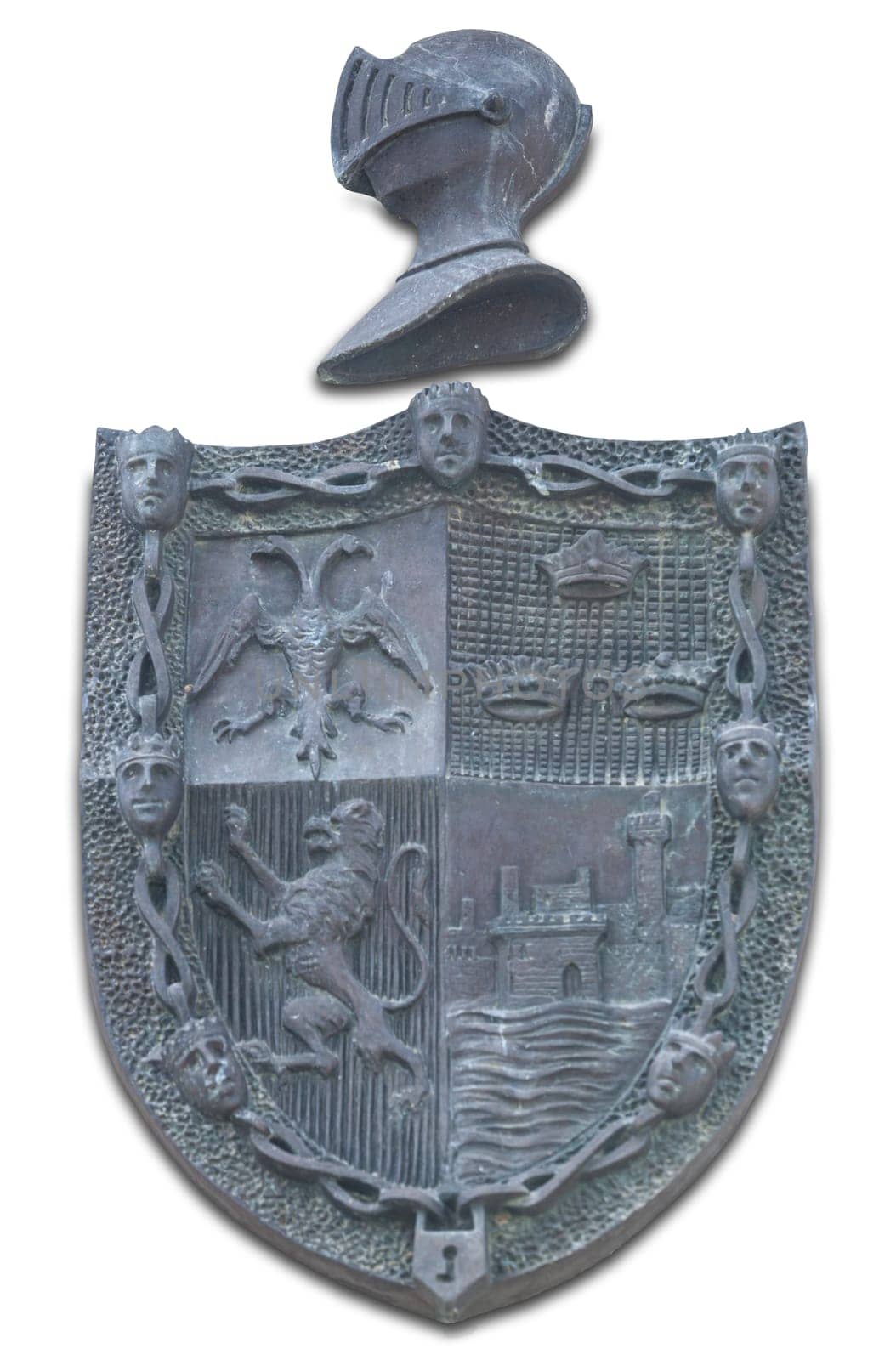 Medellin, Spain - April 3rd, 2021: Hernan Cortes coat of arms. Hernan Cortes Monument, Medellin, Extremadura, Spain