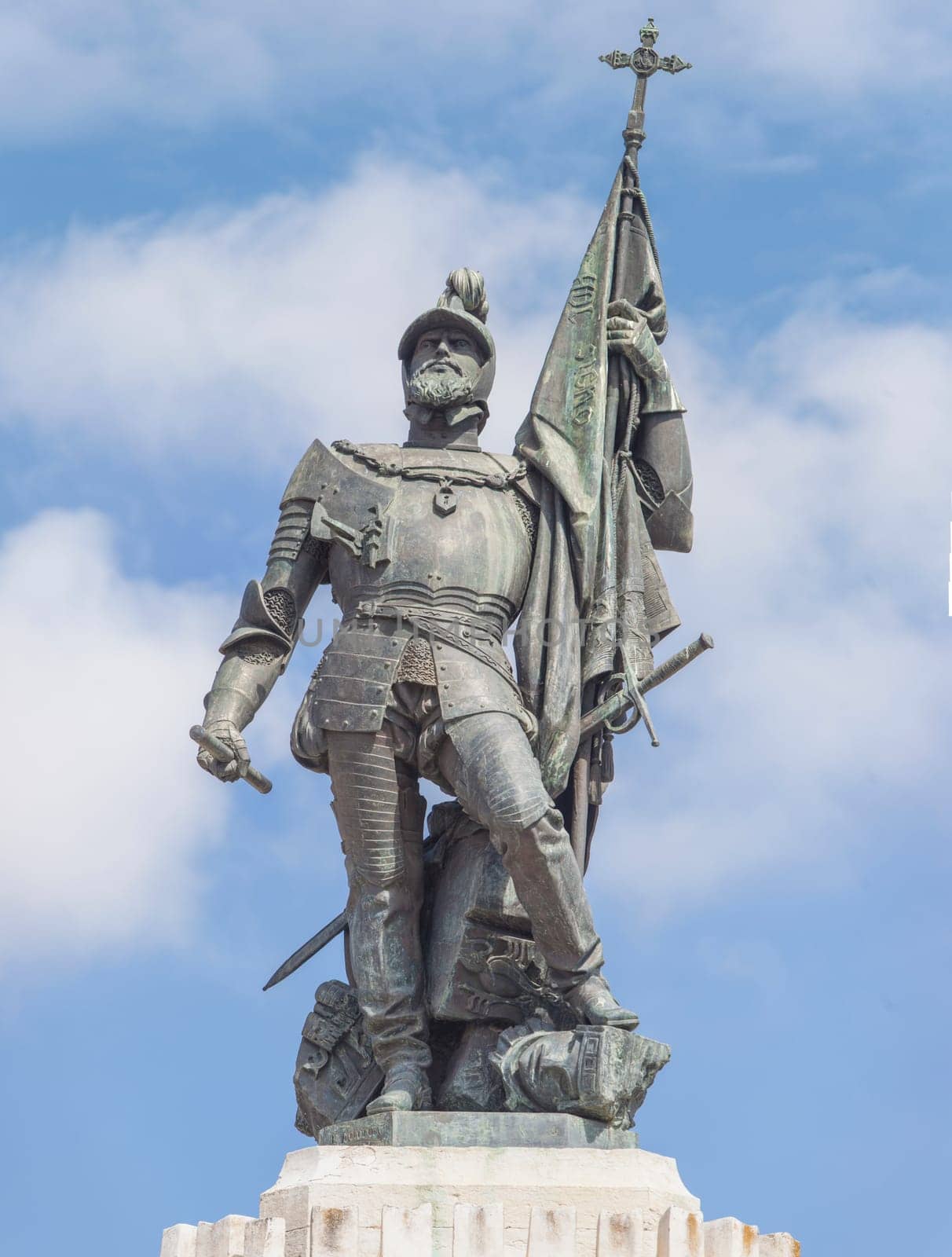 Medellin, Spain - April 3rd, 2021: Hernan Cortes Monument, Aztec Empire Spanish Conquistador, Medellin, Extremadura, Spain. By Eduardo Barron in 1890. Front view