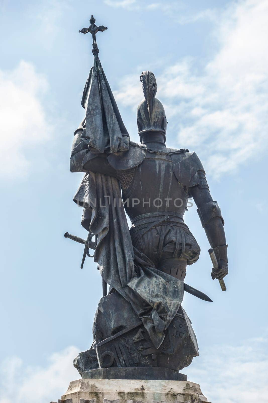 Medellin, Spain - April 3rd, 2021: Hernan Cortes Monument, Aztec Empire Spanish Conquistador, Medellin, Extremadura, Spain. By Eduardo Barron in 1890. Back