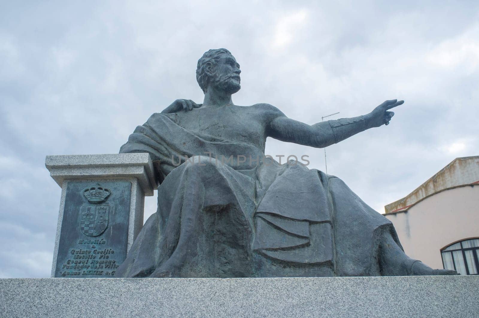 Medellin, Spain - April 28th, 2018: Quintus Caecilius Metellus Pius, founder of Medellin in 79 BC, Extremadura, Spain. Sculpted by Ricardo Garcia Lozano