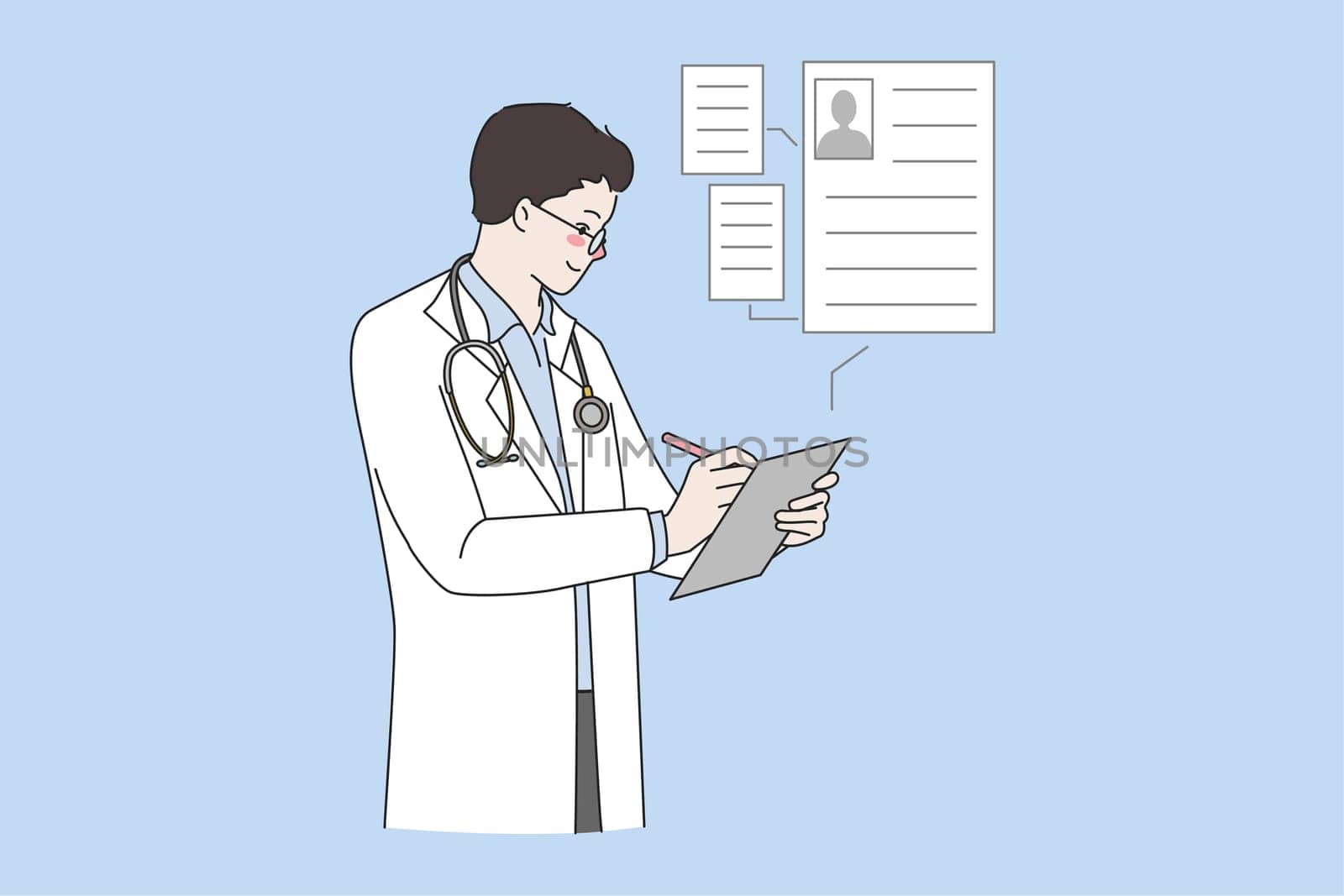 Man doctor in white medical uniform fill patient data on modern tablet. Electronic hospital client profile on device. GP have online consultation. New technology, medicine. Vector illustration.