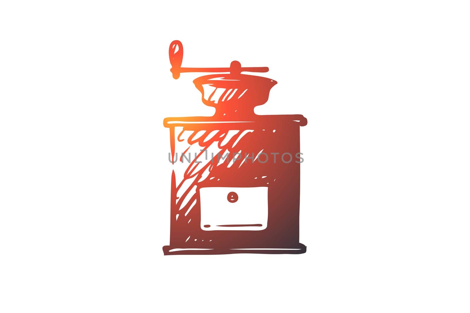 Coffee, grinder, mill, drink, cafe concept. Hand drawn old style coffee grinder concept sketch. Isolated vector illustration.