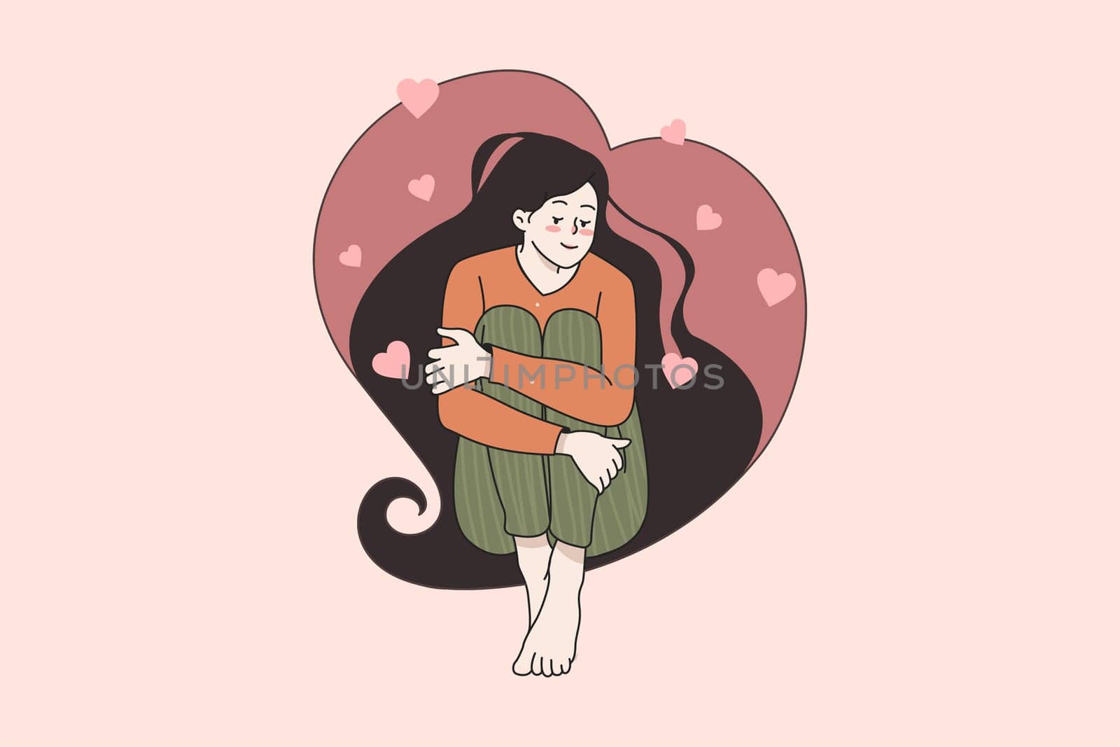 Happy girl sit in heart shaped hair image, flat vector illustrations. Smiling woman feel calm and balanced. Self love and care. Mental health, healing concept. Psychology therapy, positive thinking.