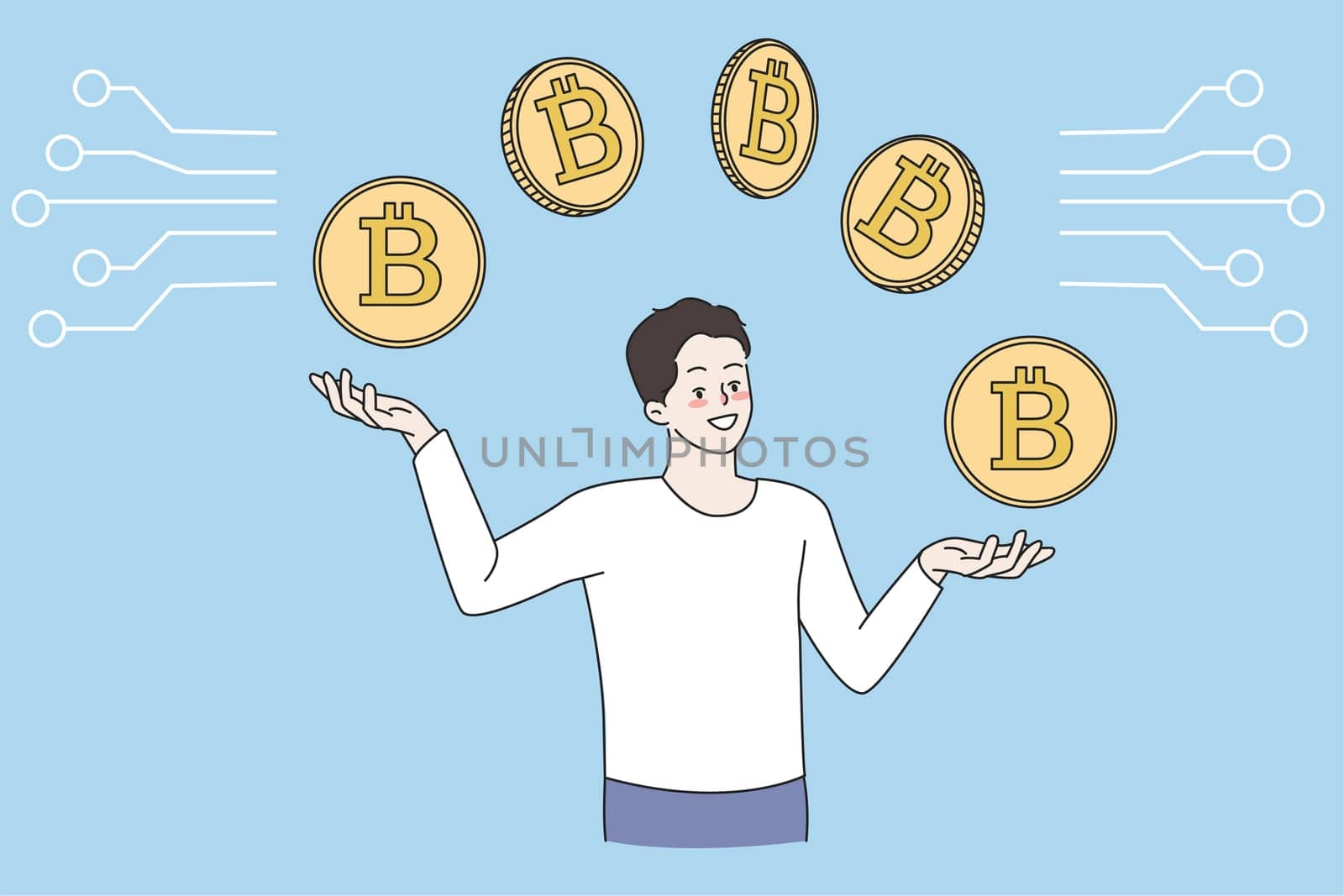 Young man holding golden bitcoins, working online on stock market. Smiling male mine coins, buy and sell cryptocurrency on growing market. Crypto investment, finance. Flat vector illustration.