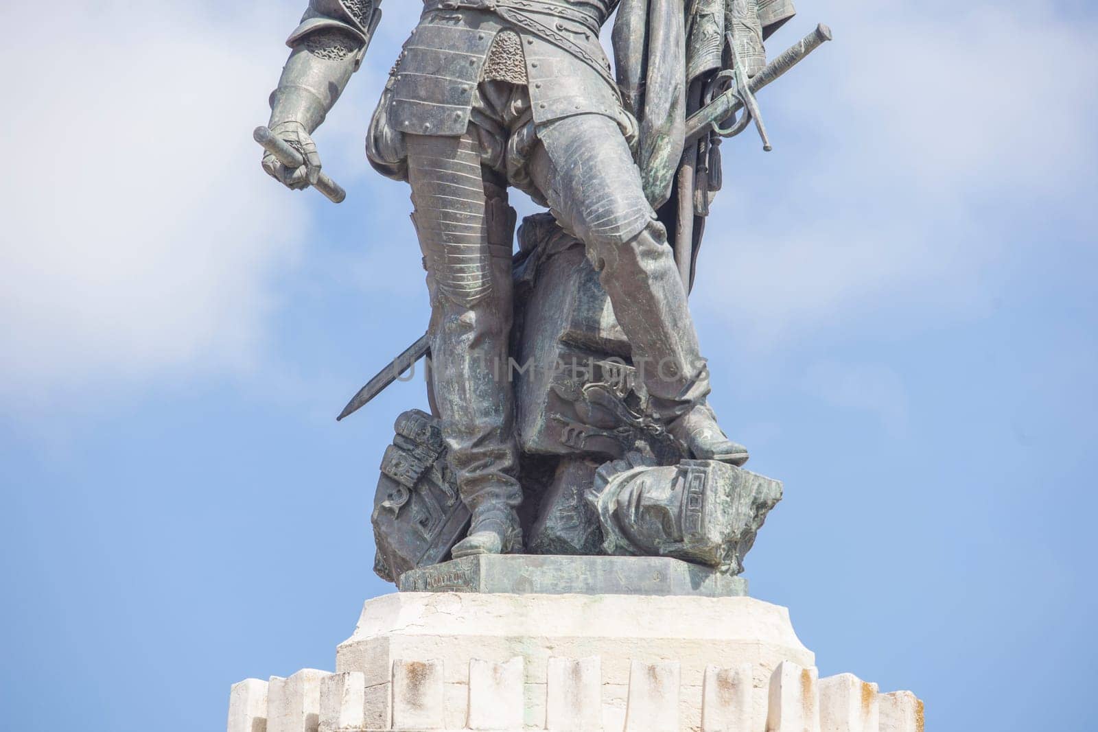 Medellin, Spain - April 3rd, 2021: Hernan Cortes Monument. Aztec idols under his feet. Medellin, Extremadura, Spain. By Eduardo Barron in 1890