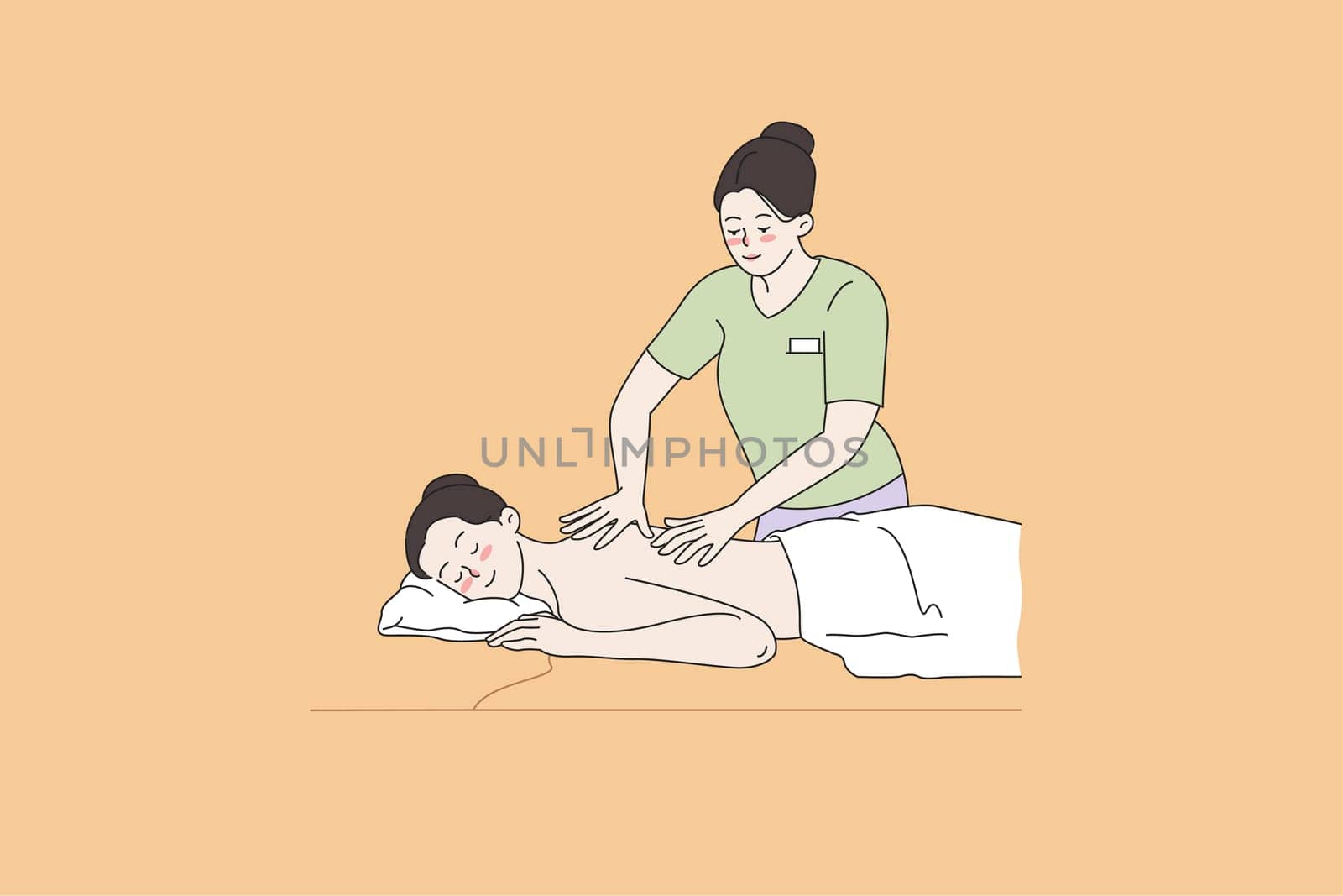 Happy woman on table get massage in professional beauty salon. Calm naked girl client customer have body care or treatment in spa. Cosmetic industry, relaxation concept. Flat vector illustration.