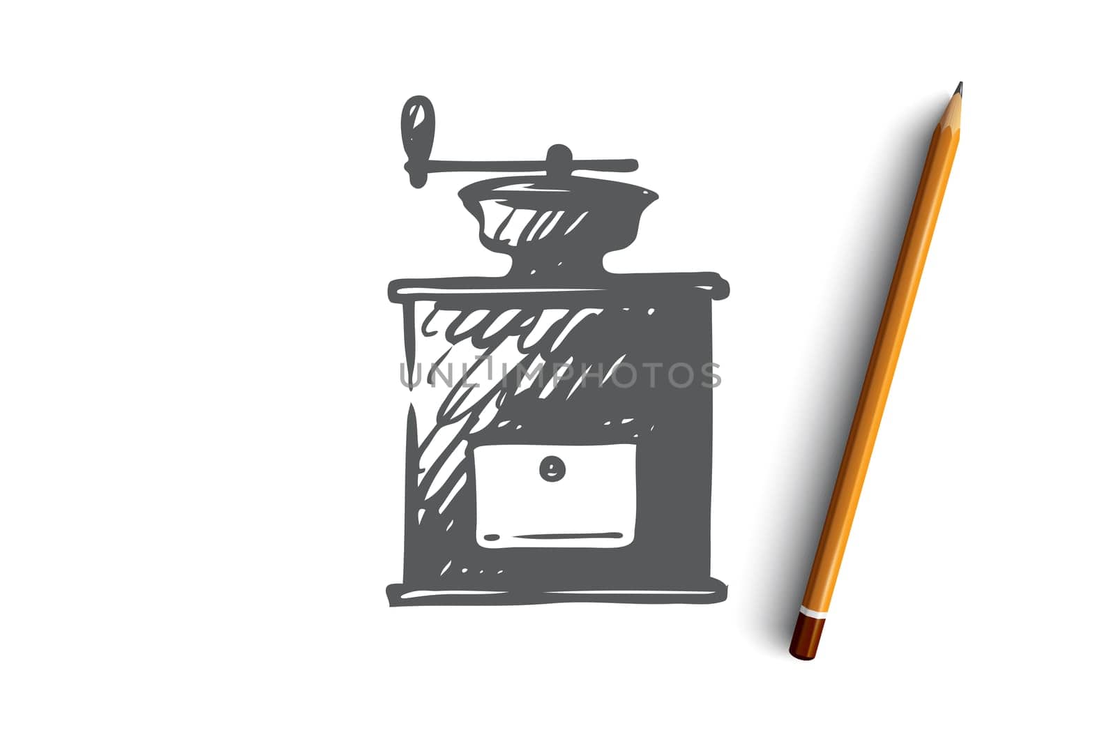 Coffee, grinder, mill, drink, cafe concept. Hand drawn old style coffee grinder concept sketch. Isolated vector illustration.