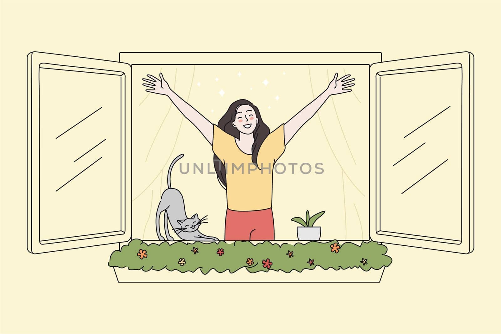 Happy young woman look out of window meet welcome new day breathe fresh air. Smiling millennial girl stretching in morning enjoy sunny weekend at home. Flat vector illustration. Thin line art sketch.