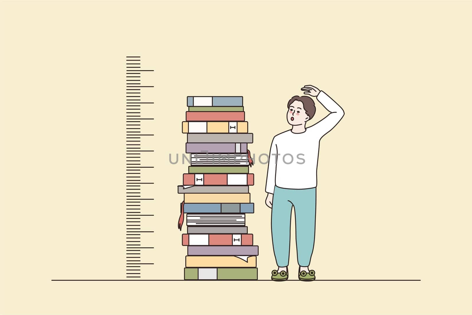 Boy stand near pile of books measuring growth by hand. Guy reading studying and learning with textbooks. Good education, knowledge and achievement concept. Flat vector illustration.