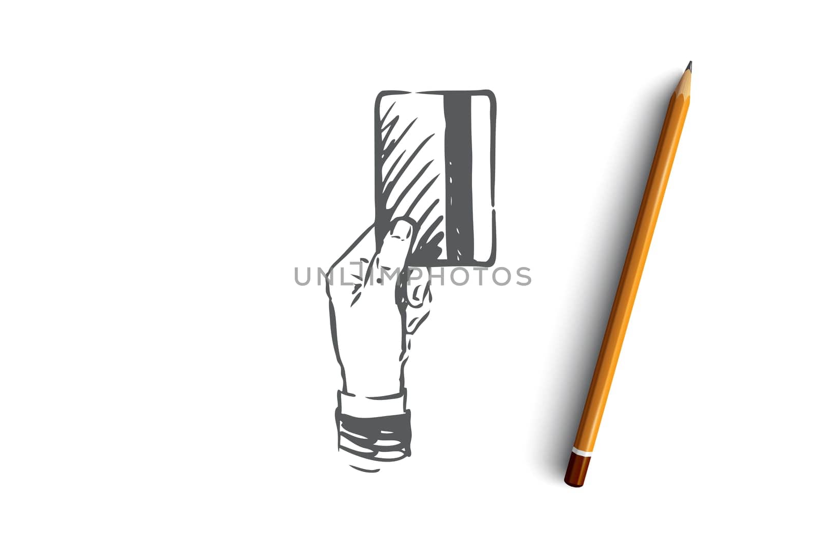 Credit, card, payment, commerce, banking concept. Hand drawn credit card in human's hand concept sketch. Isolated vector illustration.