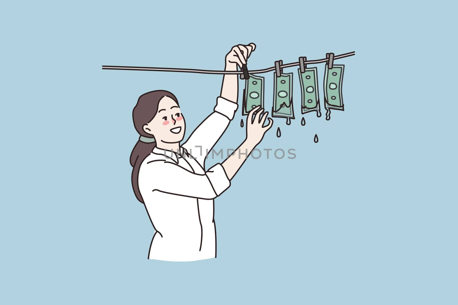 Smiling woman drying laundering money on rope. Criminal female wash illegally earned banknotes profit. Tax evasion and corruption. Dirty money concept. Flat cartoon vector illustration.